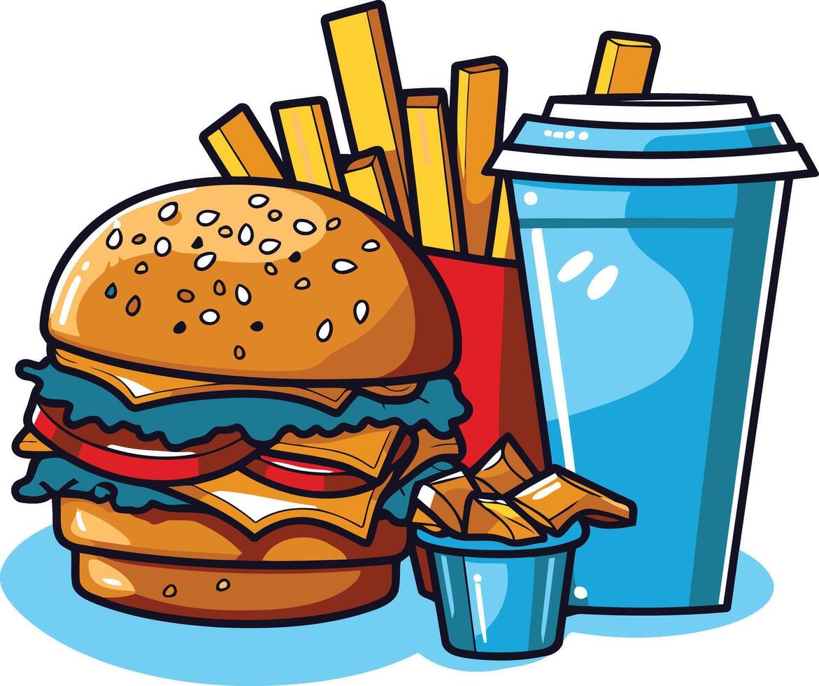 A cartoon illustration of a delicious fast food meal a juicy hamburger with cheese and toppings, crispy french fries, and a refreshing drink vector