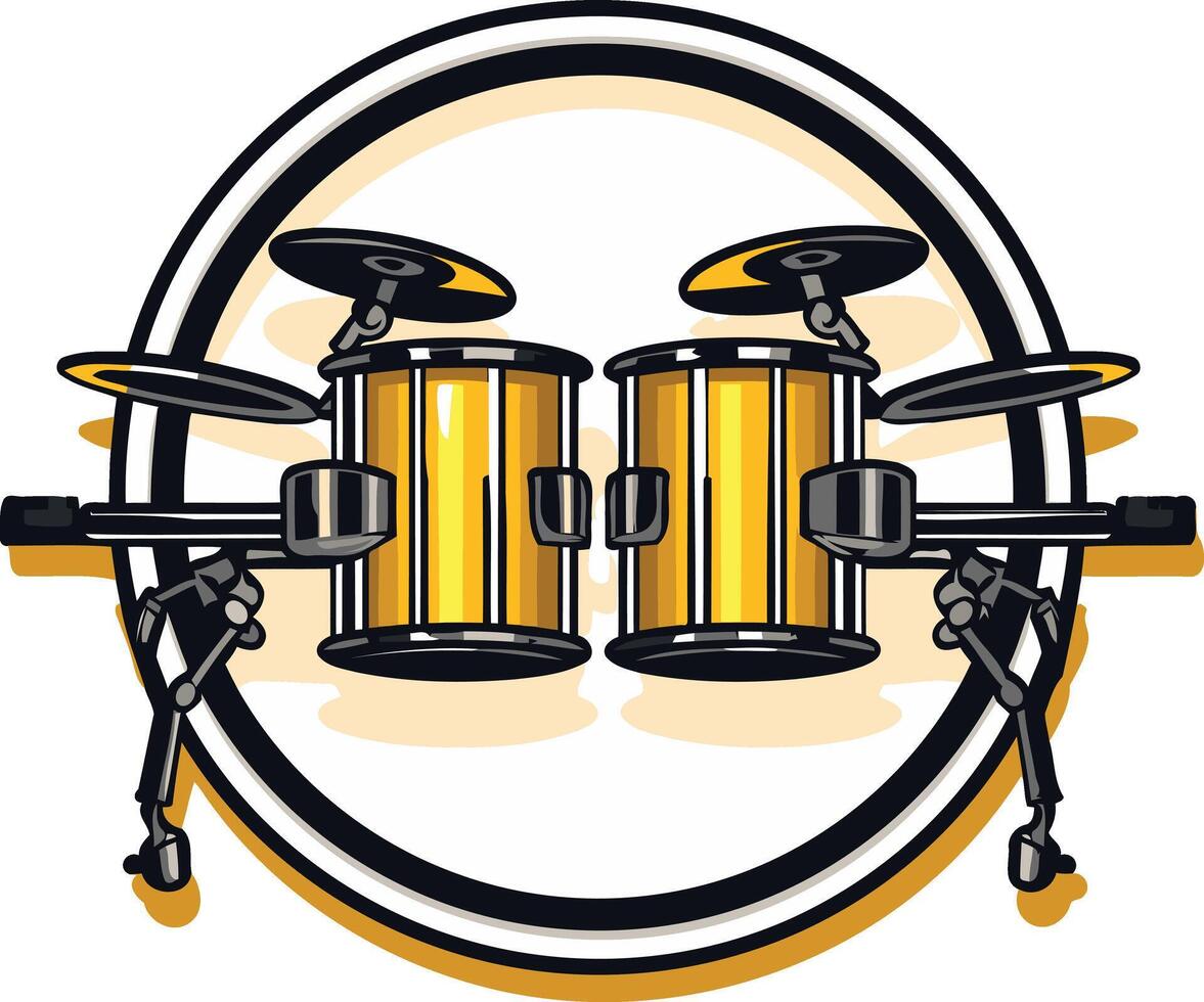 A bold, colorful logo featuring a pair of drums within a circle, perfect for music businesses, bands, or drumming events vector