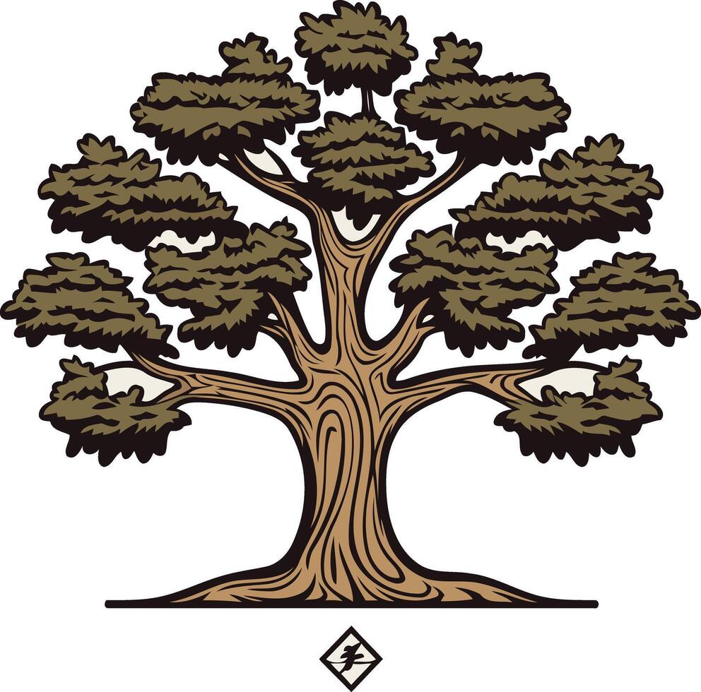 A stylized illustration of a large, full bodied tree with intricate bark detail vector