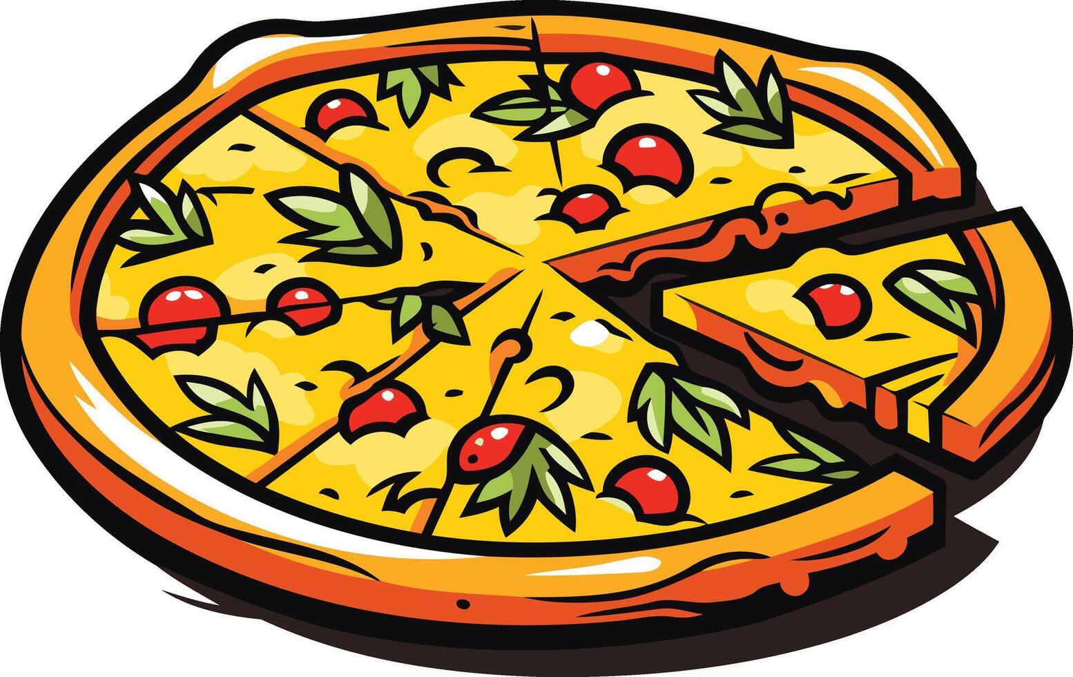 A delicious cartoon pizza with a slice removed, perfect for your menu or restaurant advertising vector