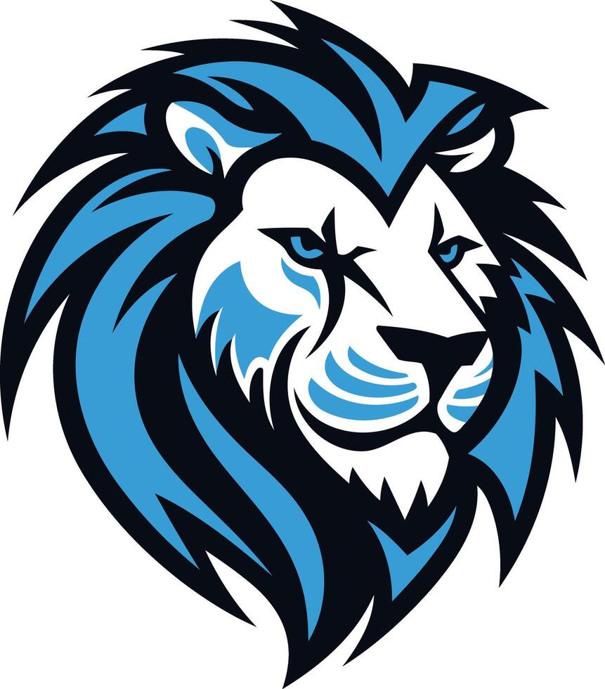 A powerful and dynamic logo featuring a majestic lion's head with a blue mane and bold black outlines vector