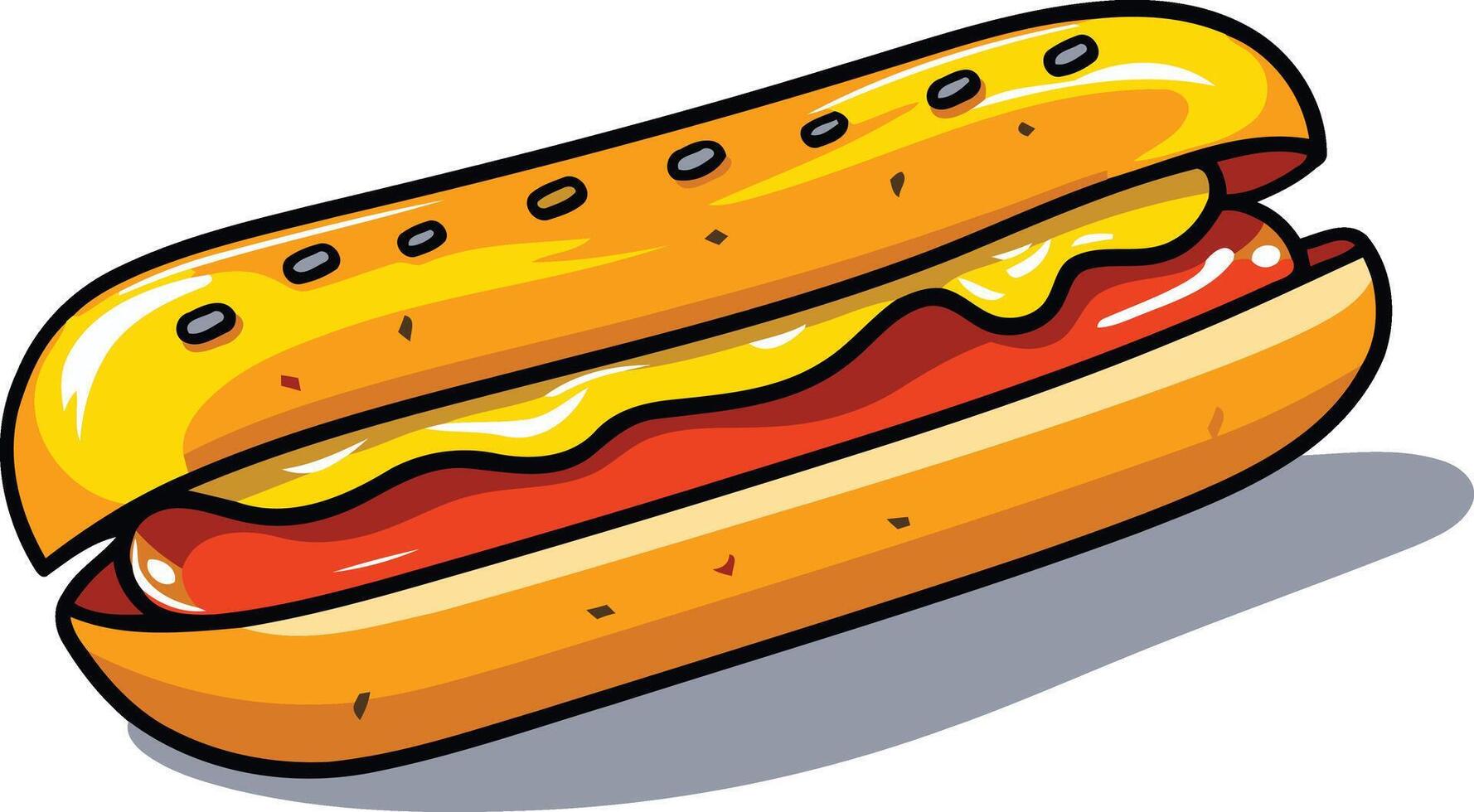 A cheerful cartoon illustration of a classic hot dog with mustard and ketchup, perfect for food-related designs, menus, and social media posts vector