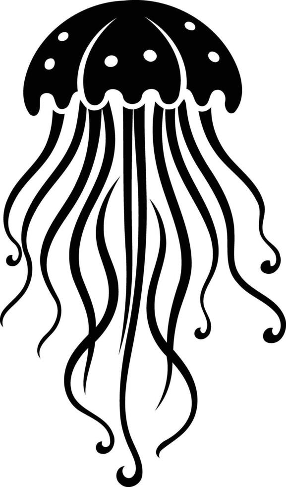 Simple black and white illustration of a jellyfish with detailed tentacles vector