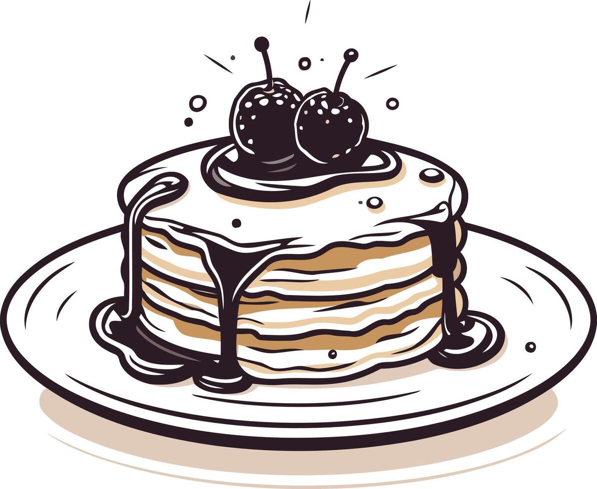 Stack of Pancakes with Cherries and Syrup vector