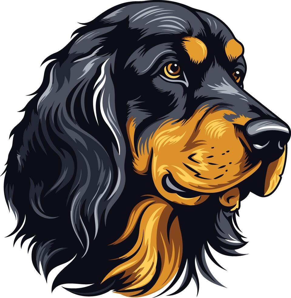 A close-up portrait of a gordon setter dog, featuring its distinctive black and tan coat vector