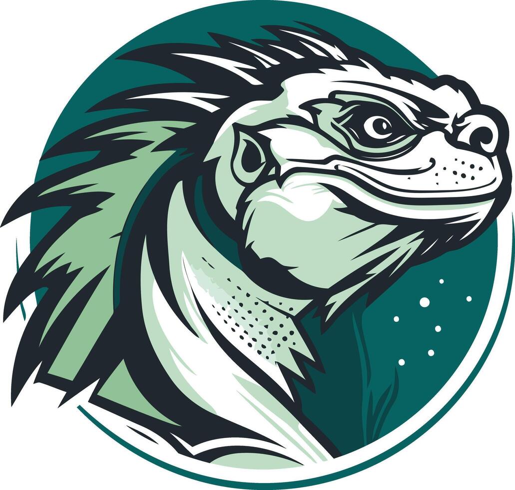 A fierce and stylized iguana head in a circular frame vector