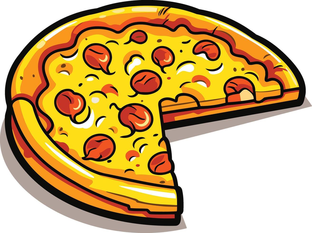 A cartoon illustration of a delicious pizza with a slice missing, perfect for menu designs, food blogs, and social media posts vector
