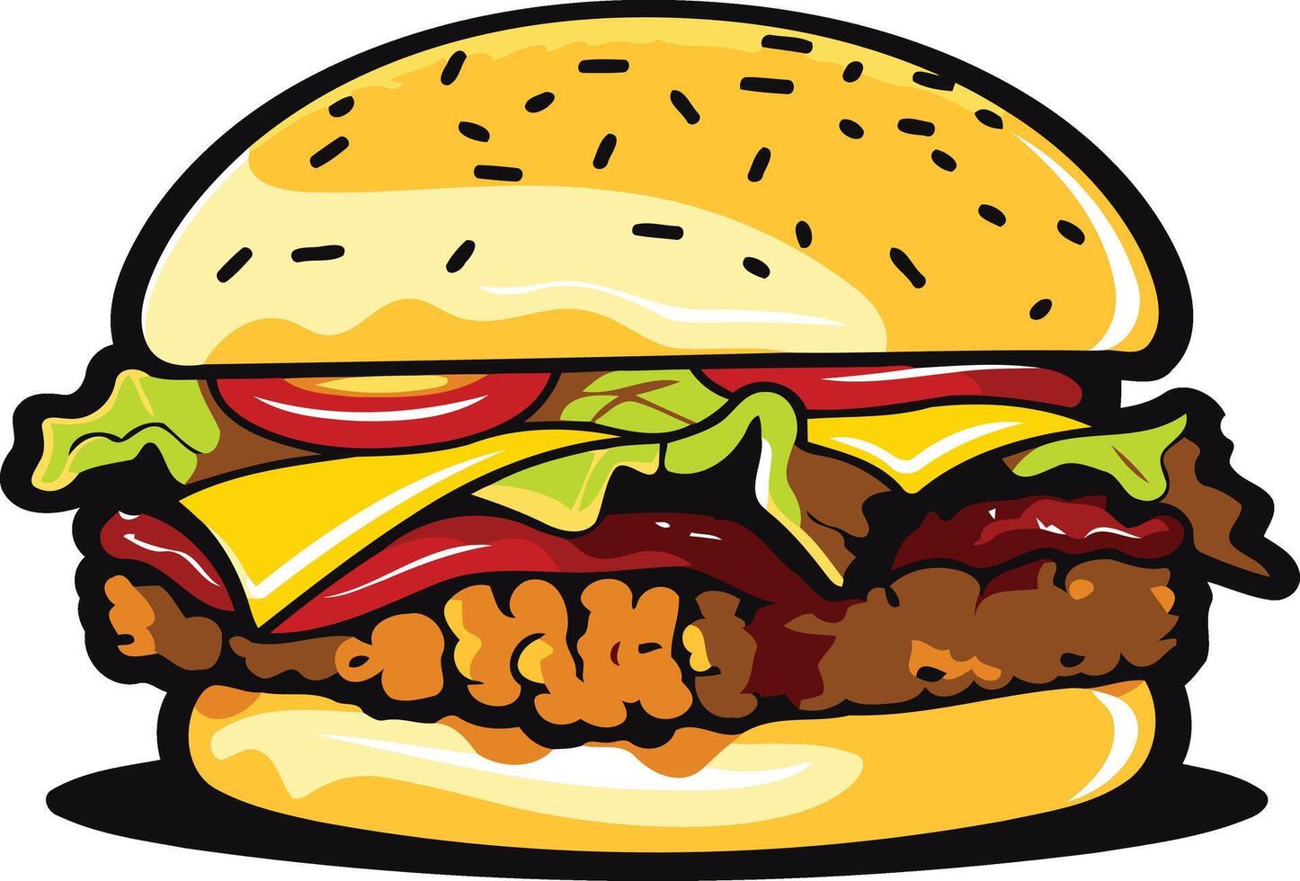 A delicious cartoon burger with all the fixings, perfect for food menus, restaurant branding, or social media posts vector