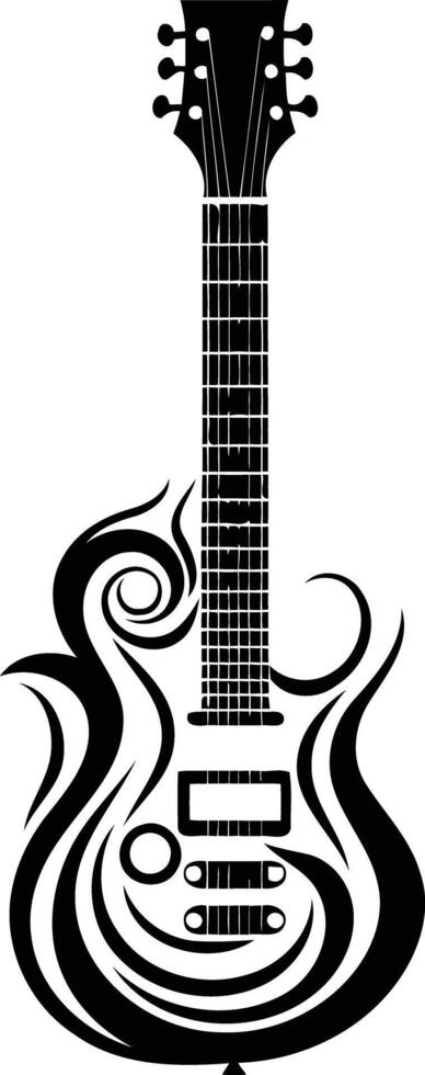 A bold and stylish black and white illustration of an electric guitar with intricate flame-like designs vector