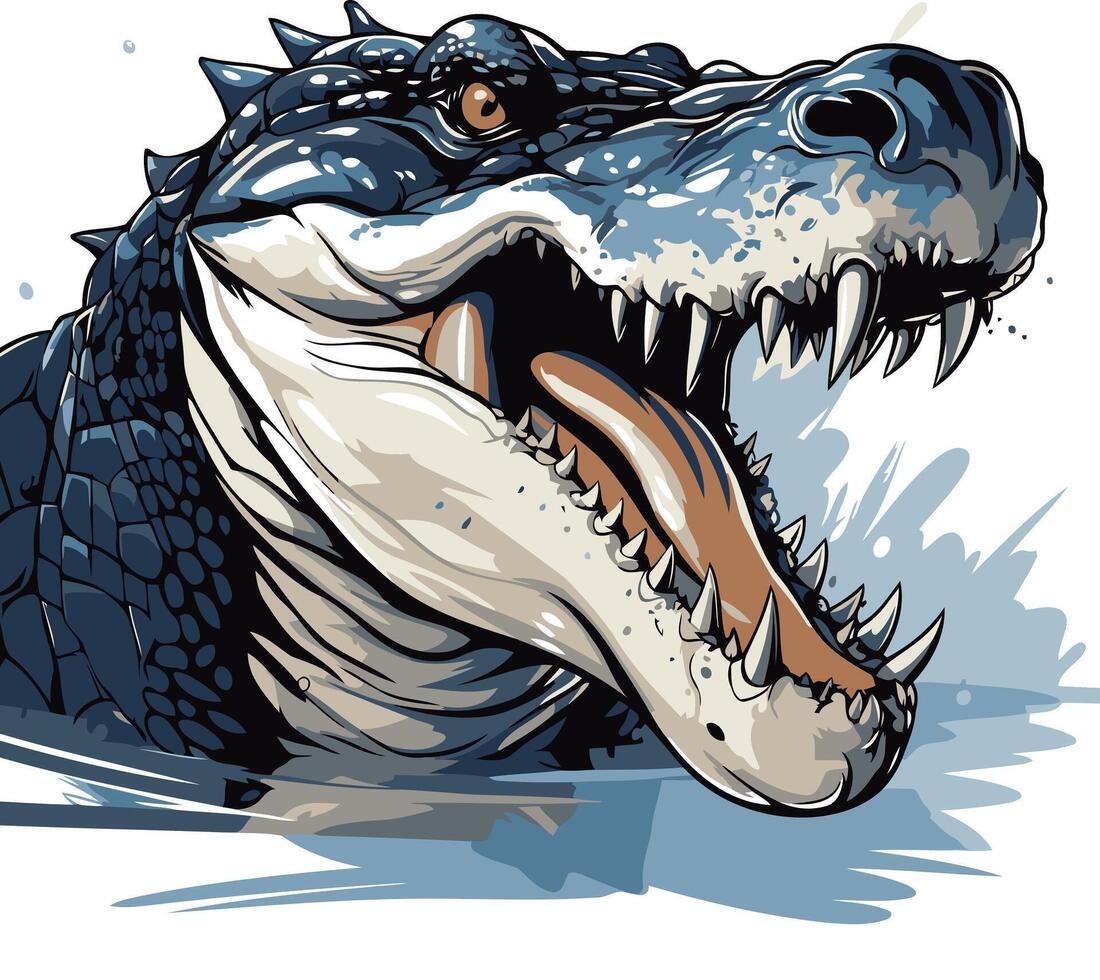 A fierce and detailed illustration of a crocodile's head, showcasing sharp teeth and a menacing expression vector