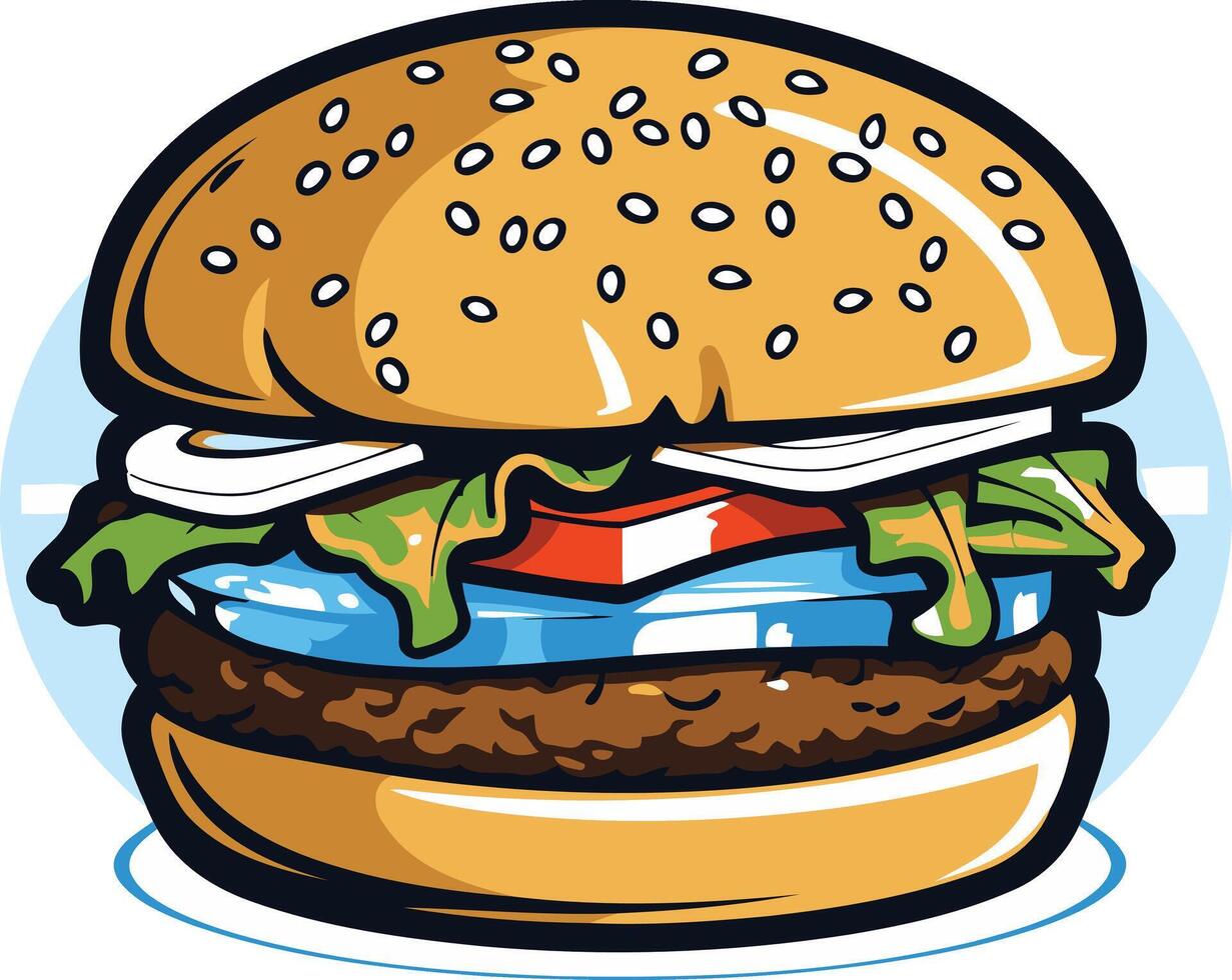 A delicious-looking cartoon burger with all the fixings perfect for menus, restaurant branding, or any project that needs a fun and tasty touch vector