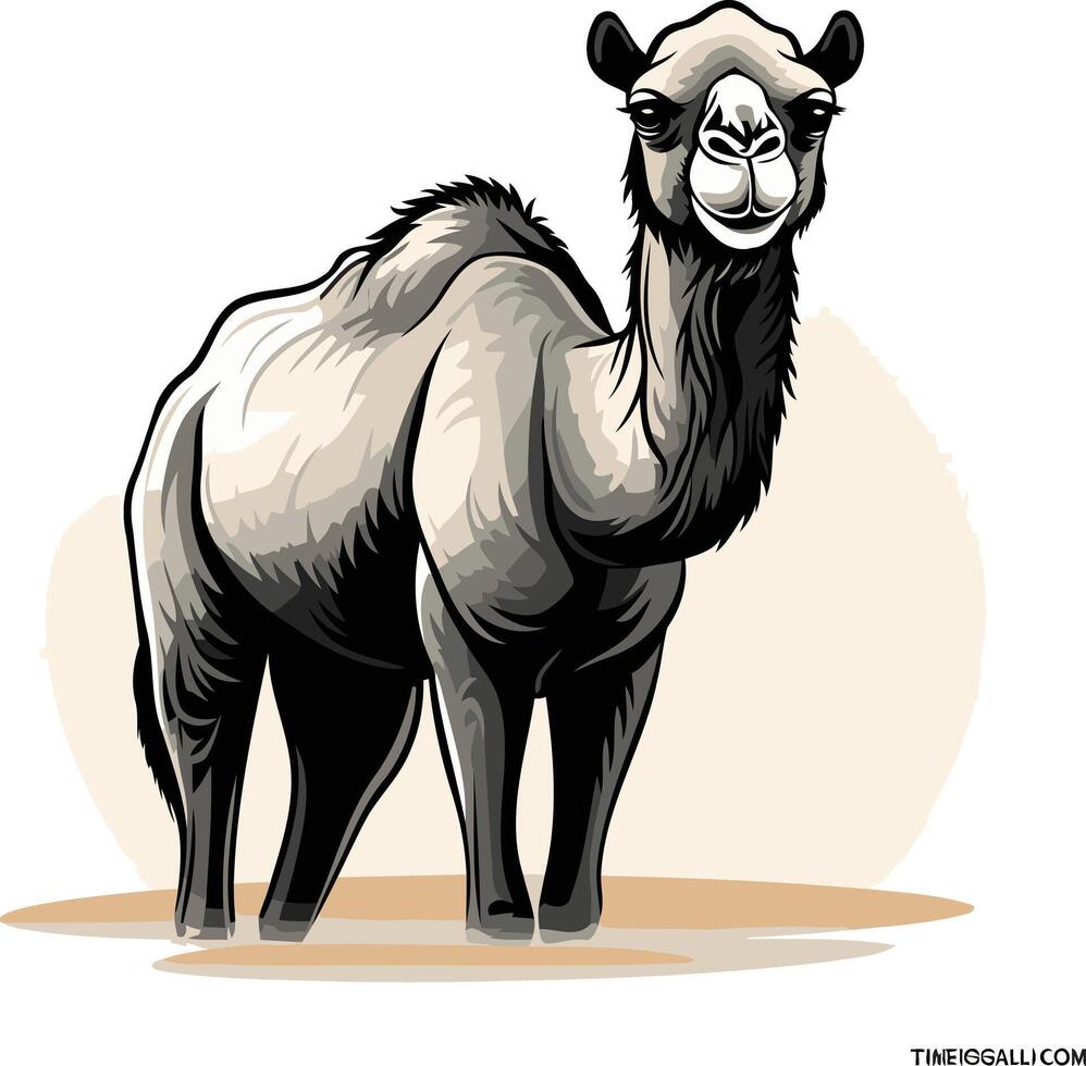A friendly camel stands in the desert, looking directly at the viewer vector