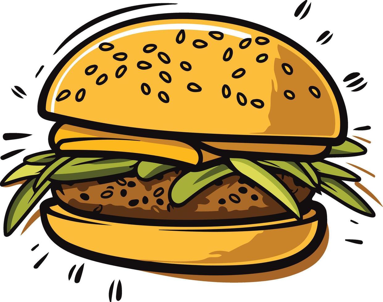 Cartoon illustration of a delicious burger with cheese and lettuce, perfect for menus, food blogs, and social media vector