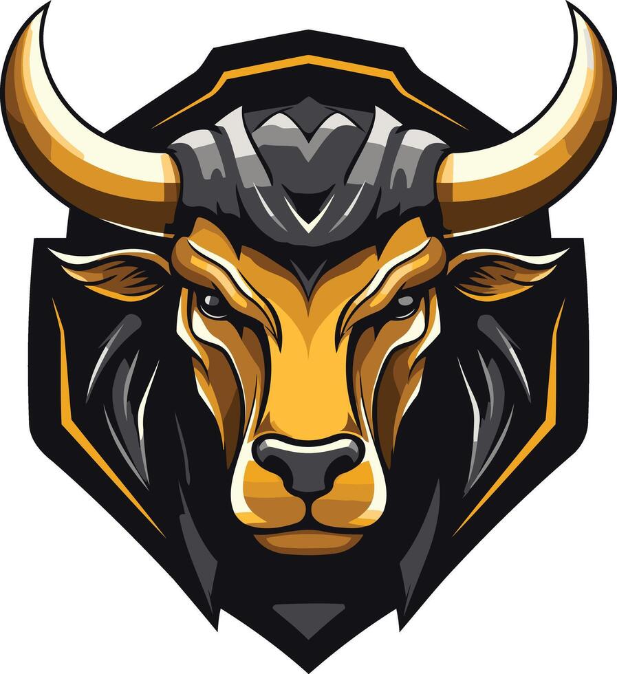 Powerful bull head logo with sharp horns, yellow and black colors, perfect for gaming, sport teams, and branding vector