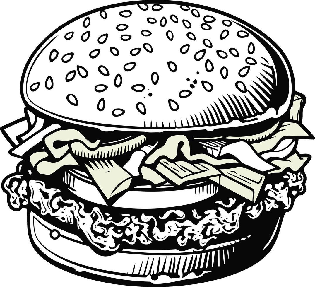 A classic, hand-drawn illustration of a juicy burger vector