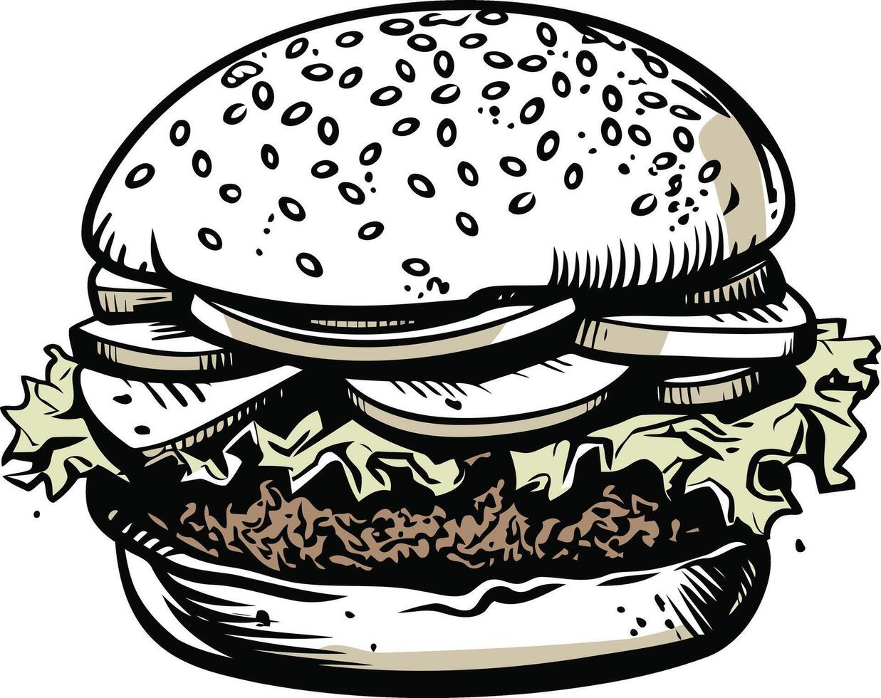A hand-drawn illustration of a juicy burger, perfect for menus, restaurant branding, and social media posts vector