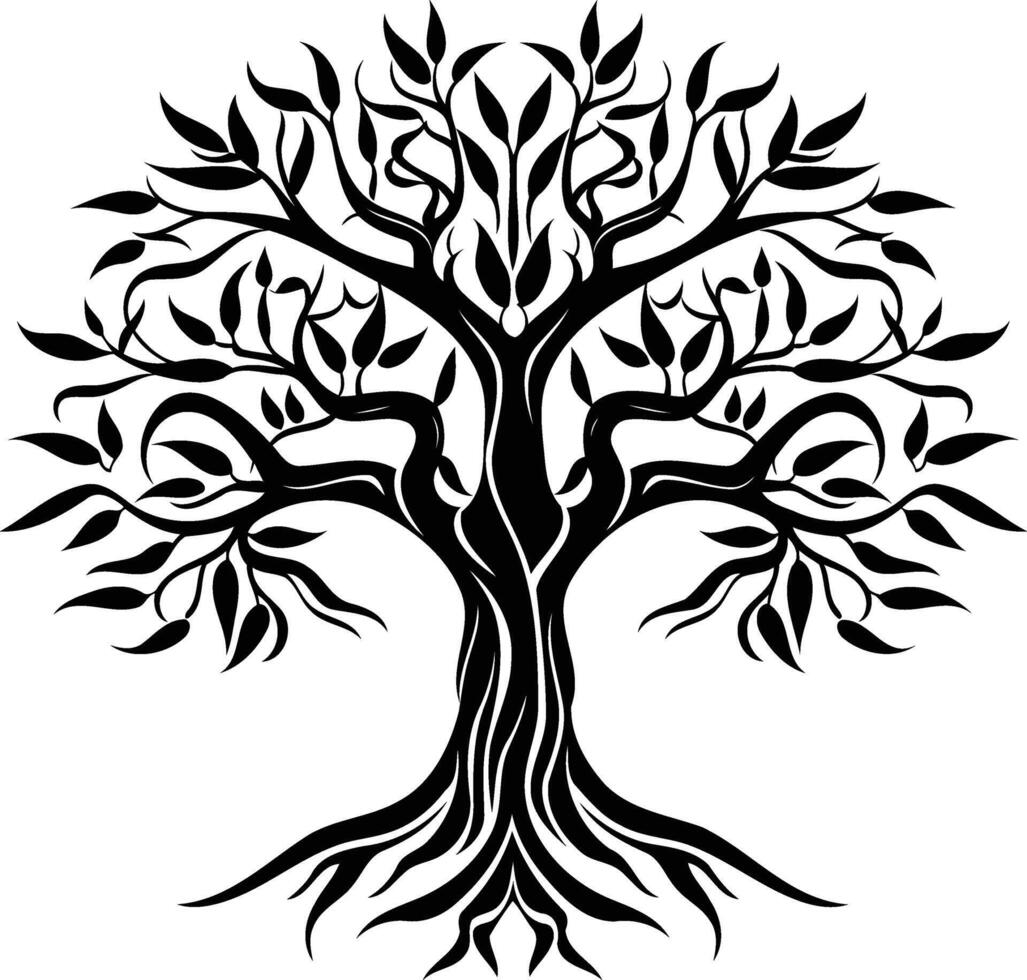 Simple, elegant black and white silhouette of a tree with intricate branches and roots vector