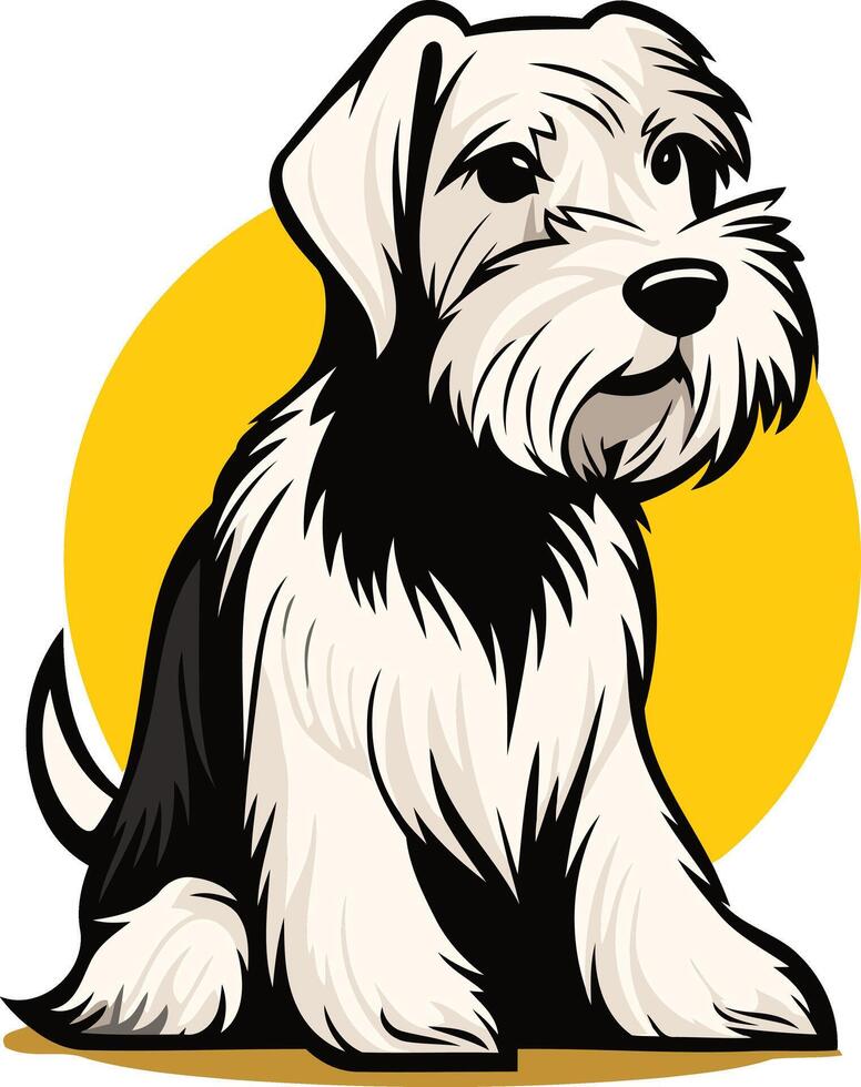 A cute, cartoon-style illustration of a miniature schnauzer sitting against a yellow background vector