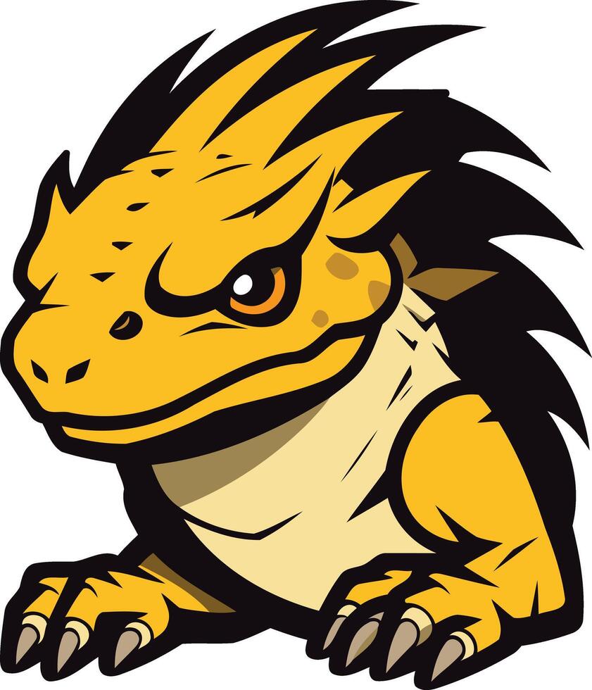 A fierce and cartoonish yellow lizard with sharp claws and a spiky mane vector