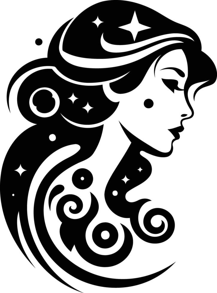 A stylish black and white illustration of a woman's profile with intricate hair design and celestial elements vector