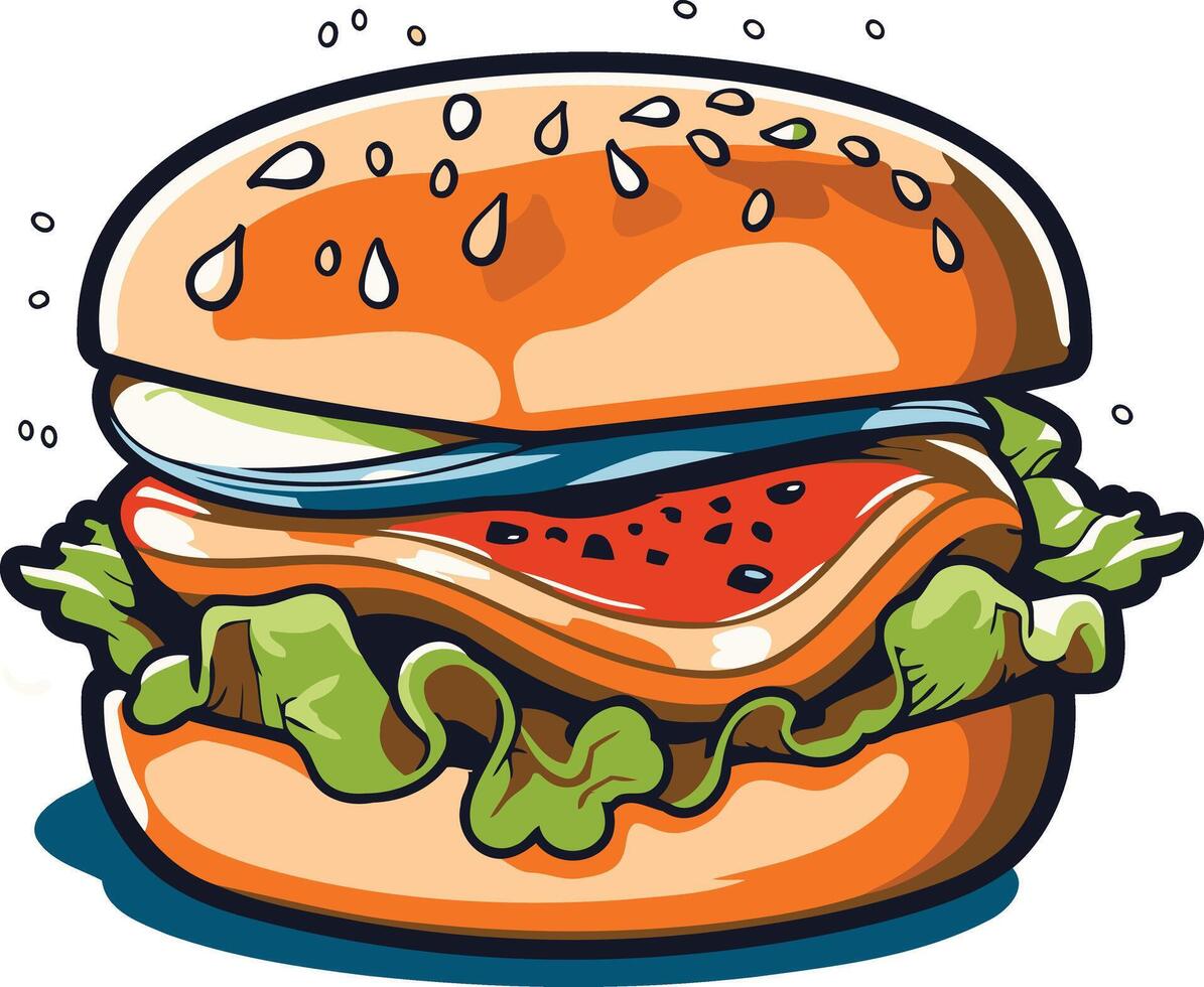 A juicy, cartoon-style burger with all the fixings vector