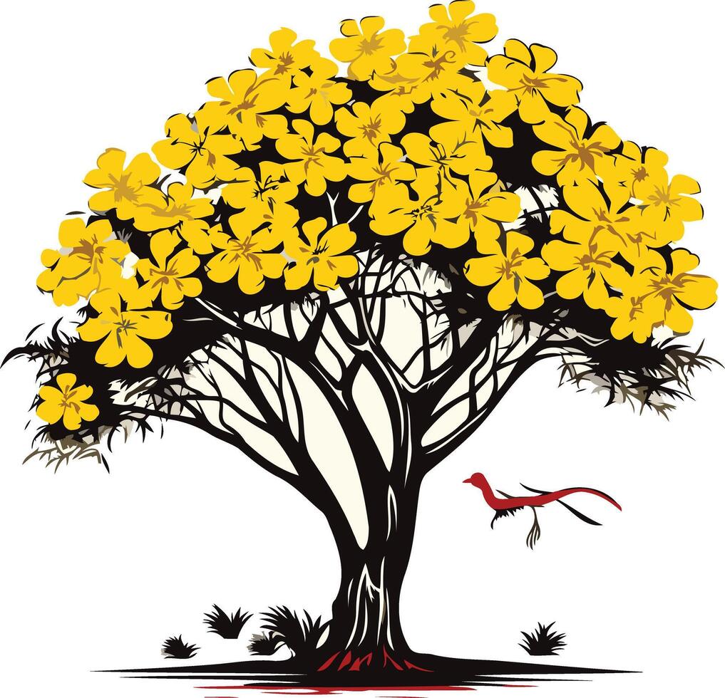 A stylized illustration of a vibrant yellow flowering tree with a red bird in flight, symbolizing growth, nature, and freedom vector