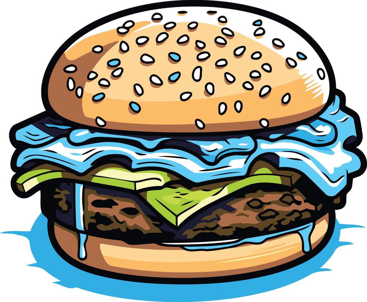 A juicy, cartoon-style burger with dripping sauce and a vibrant color palette vector