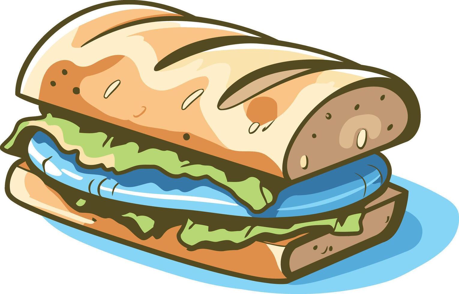 A cartoon illustration of a delicious looking sub sandwich with lettuce, blue filling, and a toasted, crusty baguette vector