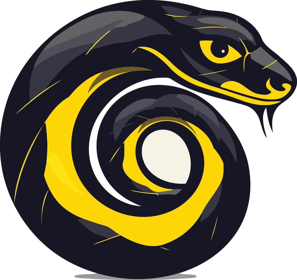A powerful black snake coiled in a circular formation, with a bright yellow stripe and piercing eyes vector
