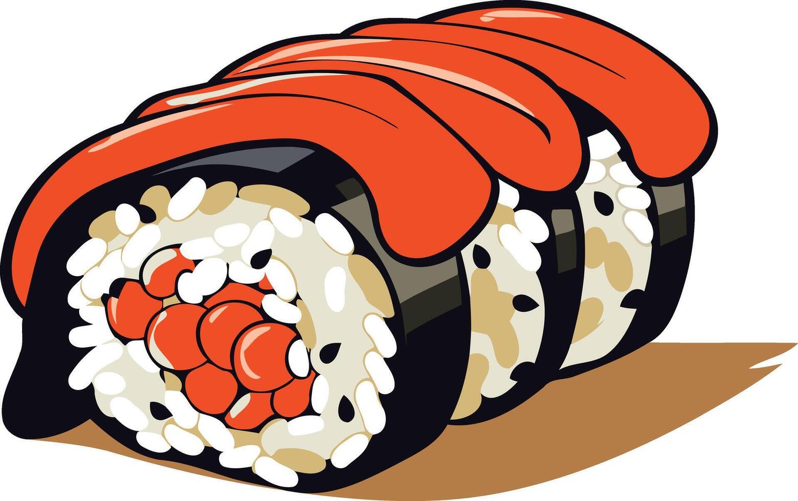 A cartoon illustration of a delicious sushi roll with spicy mayo, perfect for menus, branding, and social media vector