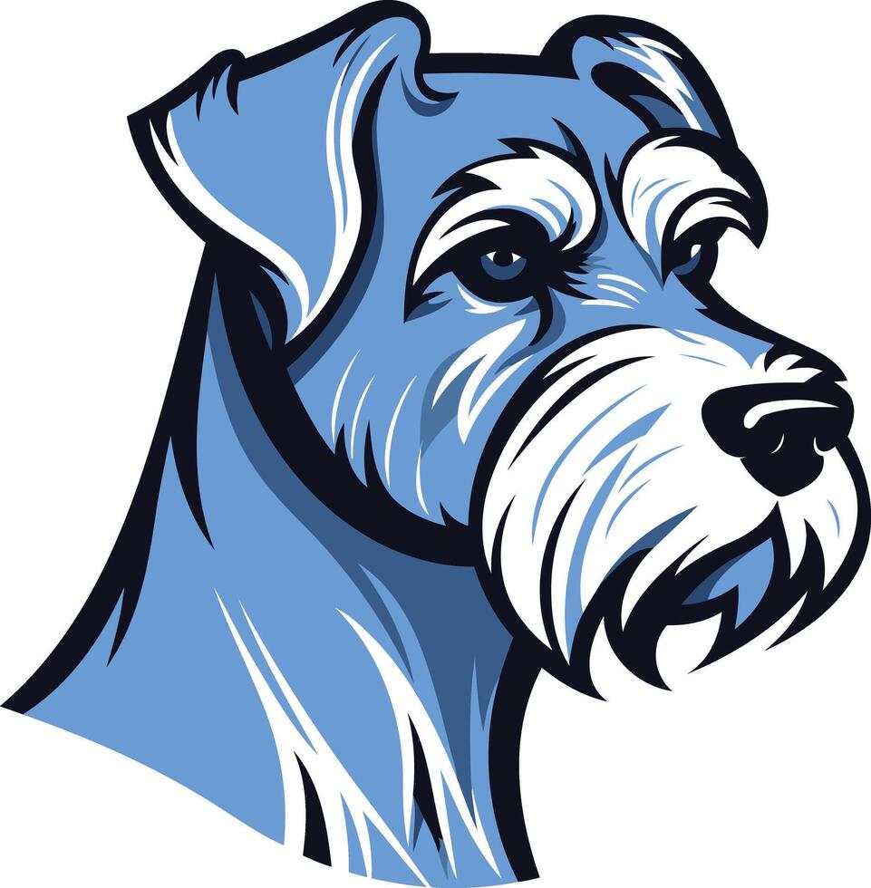 A detailed, blue and white illustration of a miniature schnauzer head, perfect for branding, t-shirts, pet products, and more vector