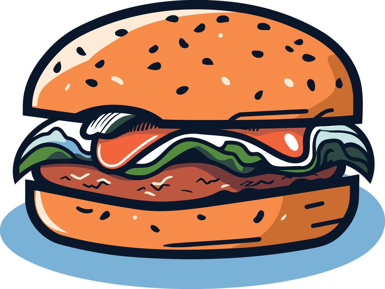 A juicy, cartoon-style burger with lettuce, tomato, and a sesame seed bun vector