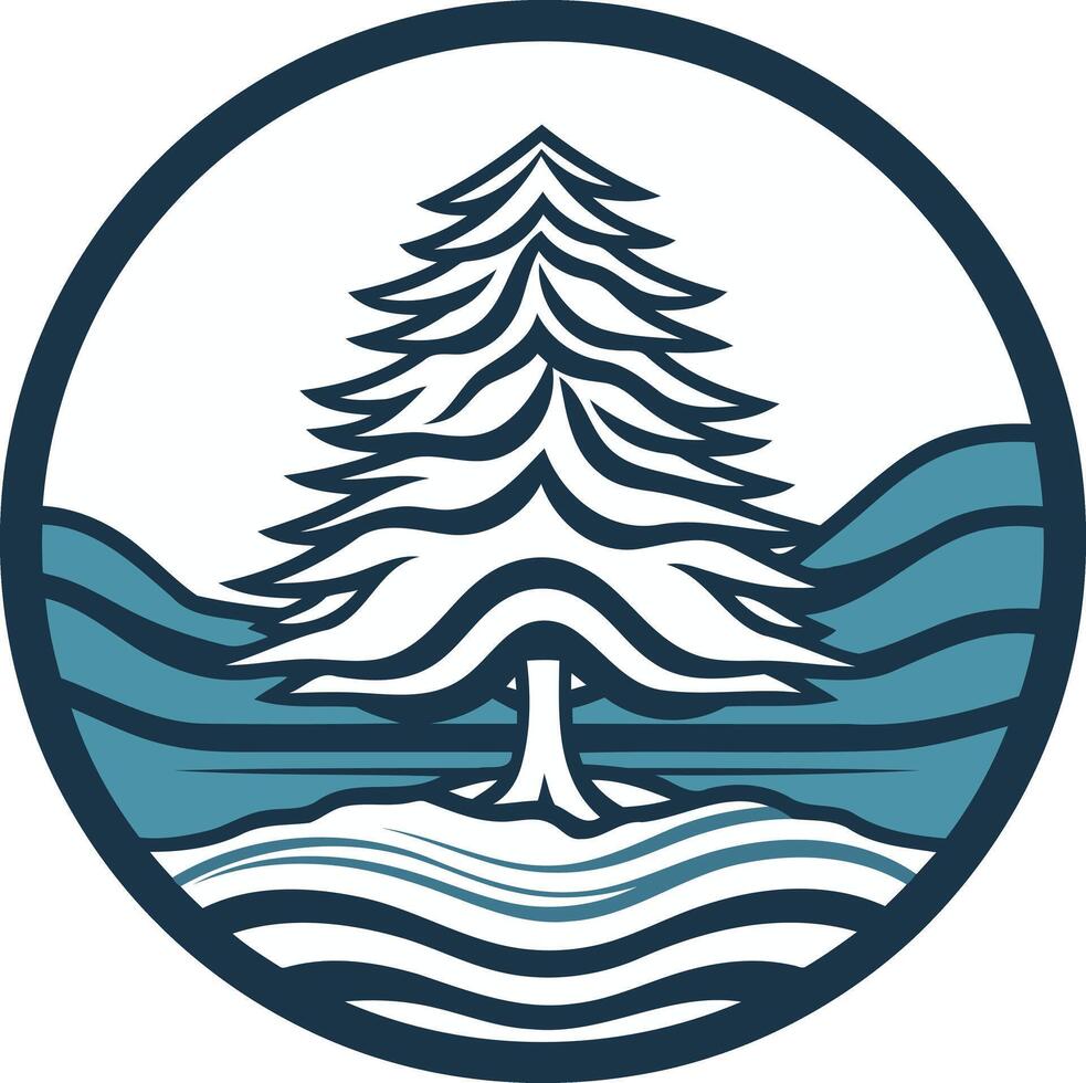 A minimalist, circular logo featuring a stylized evergreen tree standing tall in a landscape of rolling hills and a flowing river vector