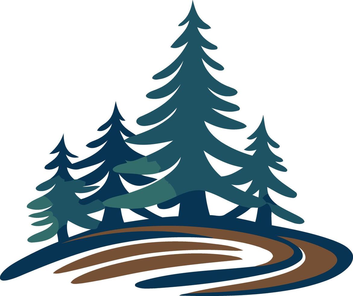 This logo features a stylized depiction of a forest with five pine trees and a winding river vector