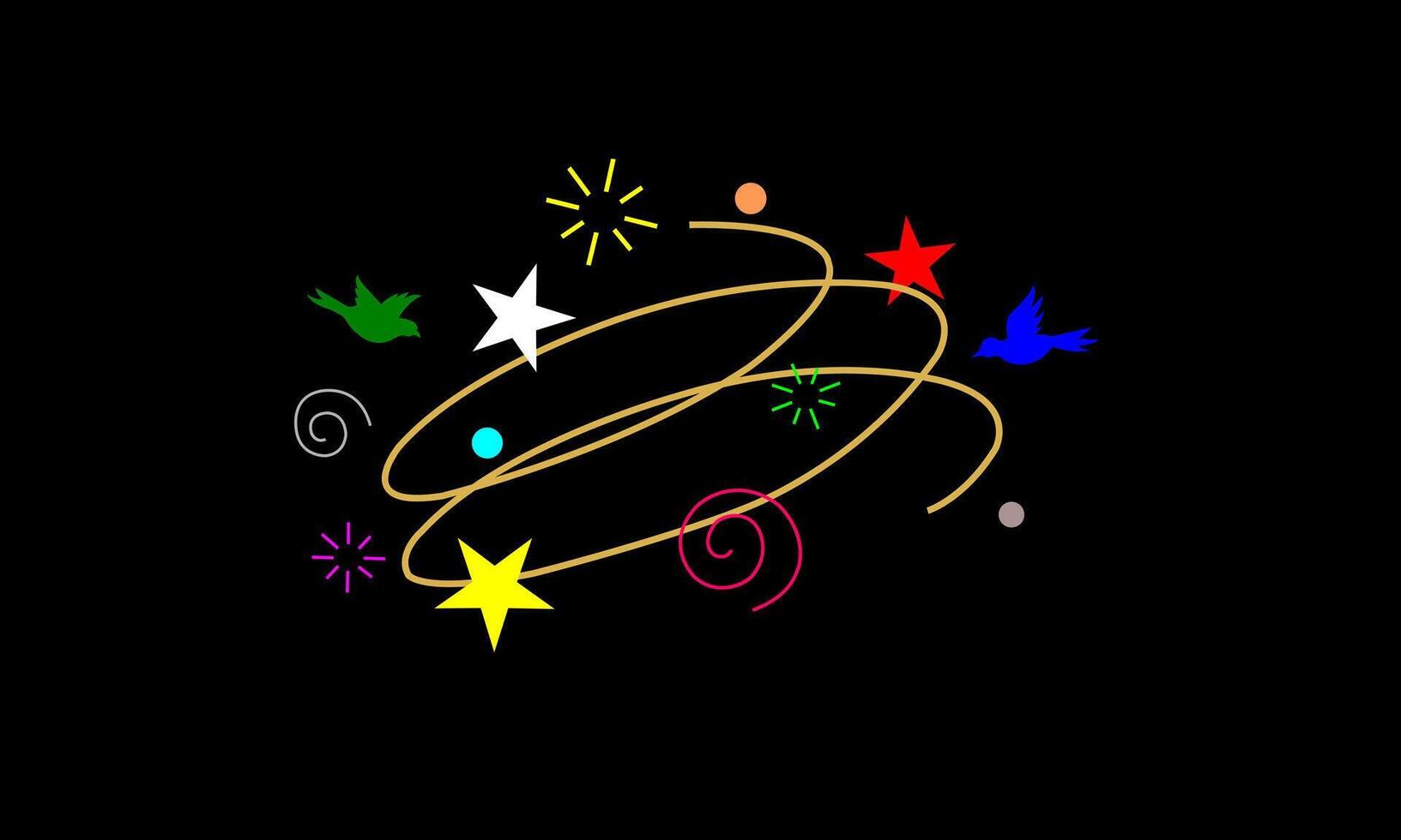 Dizzy expression. Symbol of trance,flying stars with orbit traces white,red,yellow color on black background. vector