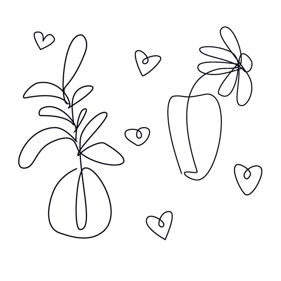 Set of outline flowers, twigs in ceramic vases. Bouquet illustration for card, story, web, banner. vector
