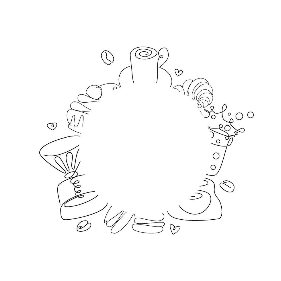 Cartoon doodles Coffee shop illustration. Line art, detailed, with lots of objects background. All objects separate. Outline Cafe funny round picture vector