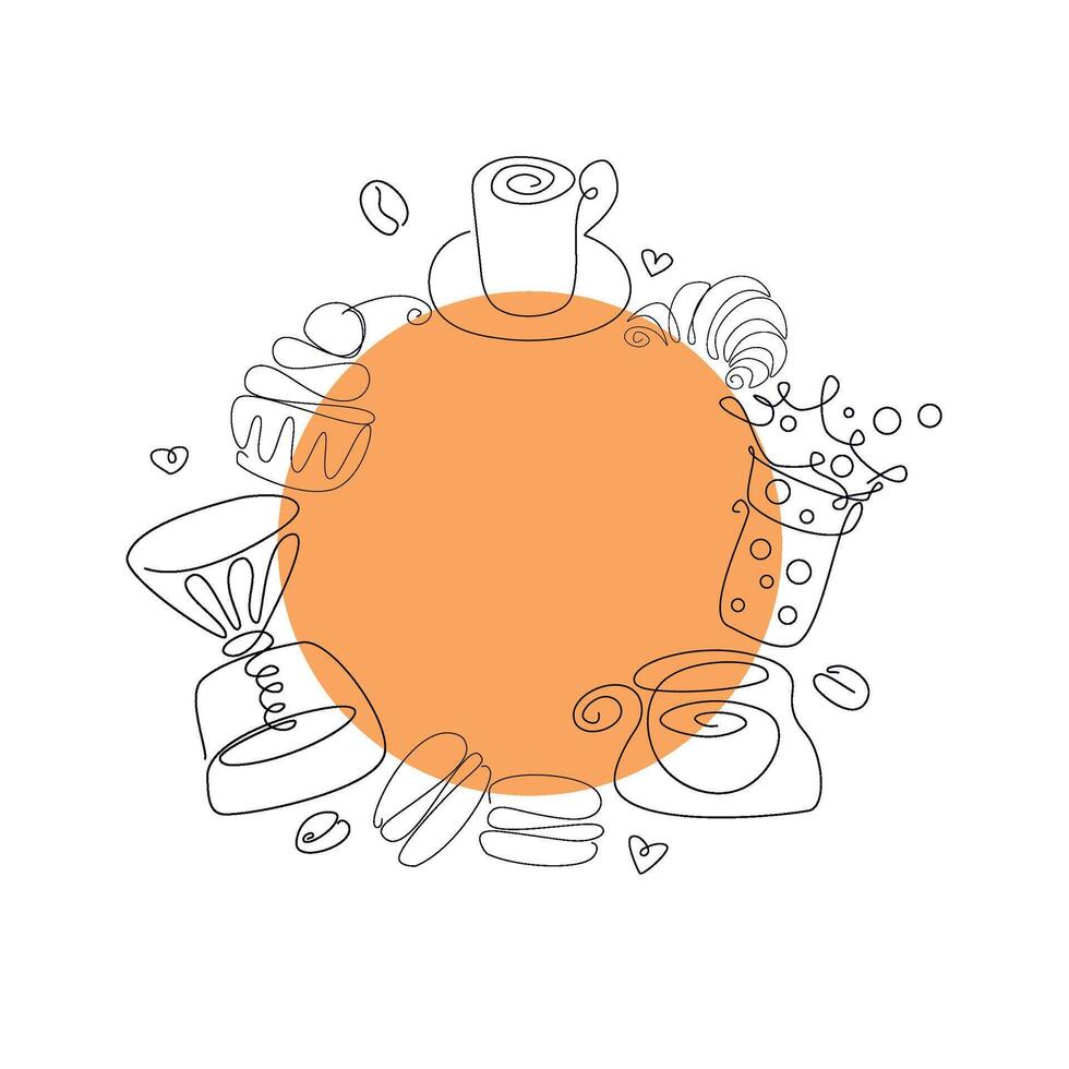Coffee time poster concept. Coffee party greeting card design. Hand drawn line art illustration with teapots, cups and sweets in circle frame isolated on white background. vector
