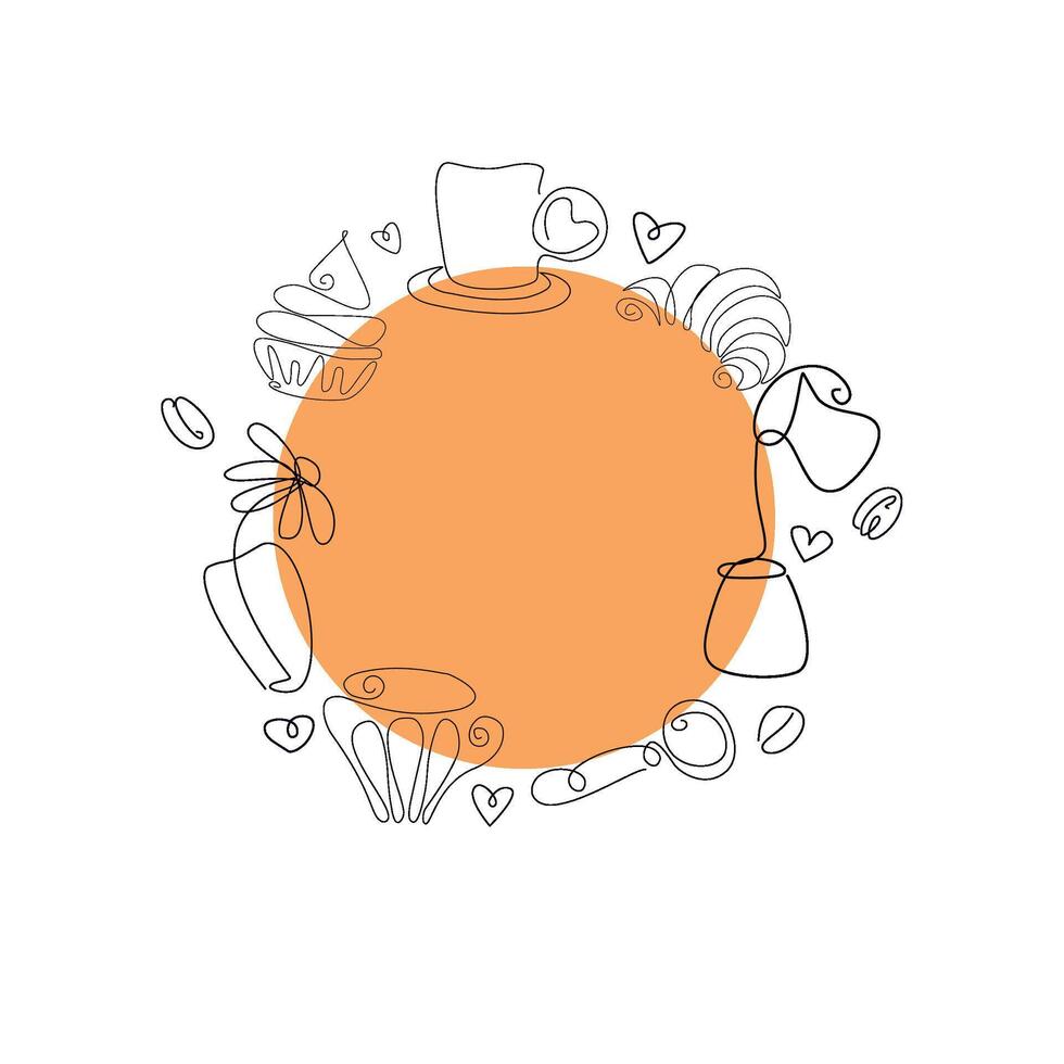 minimal doodle line art coffee branch and ribbon wreath frame collection illustration vector