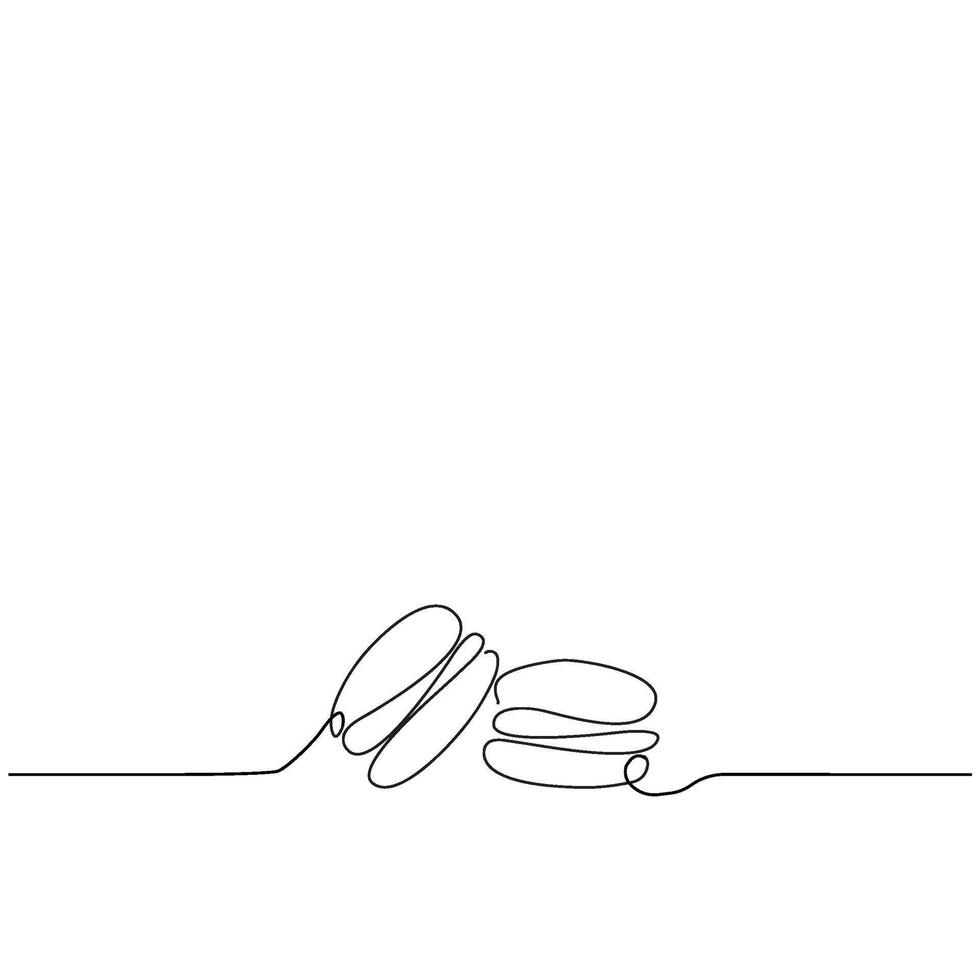Continuous one line drawing of colorful French macaroons isolated on white background. Hand drawn macarons minimal design art, confectionery concept. illustration for restaurant menu vector