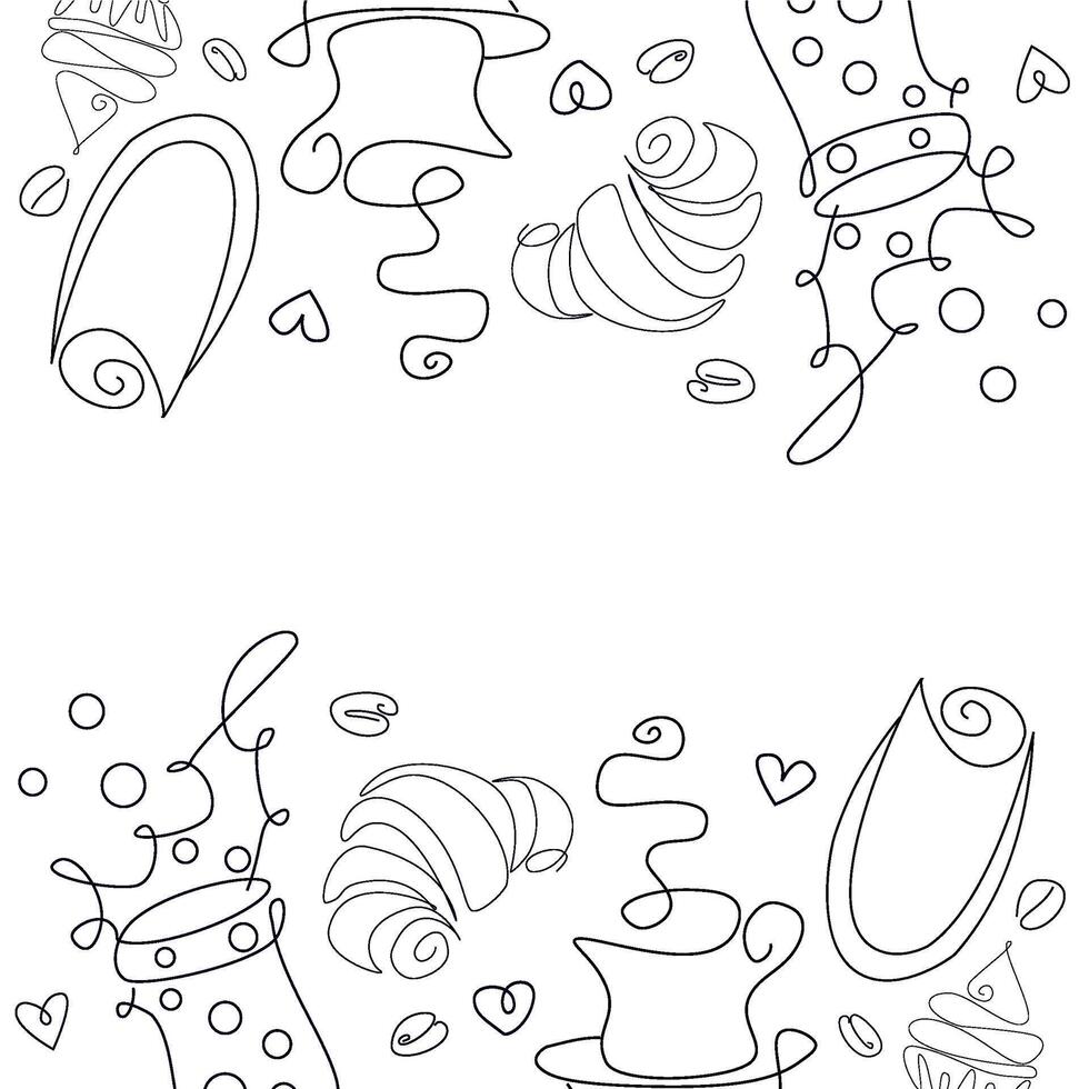 cup of tea, cup of coffee, line art style croissant cupcake vector