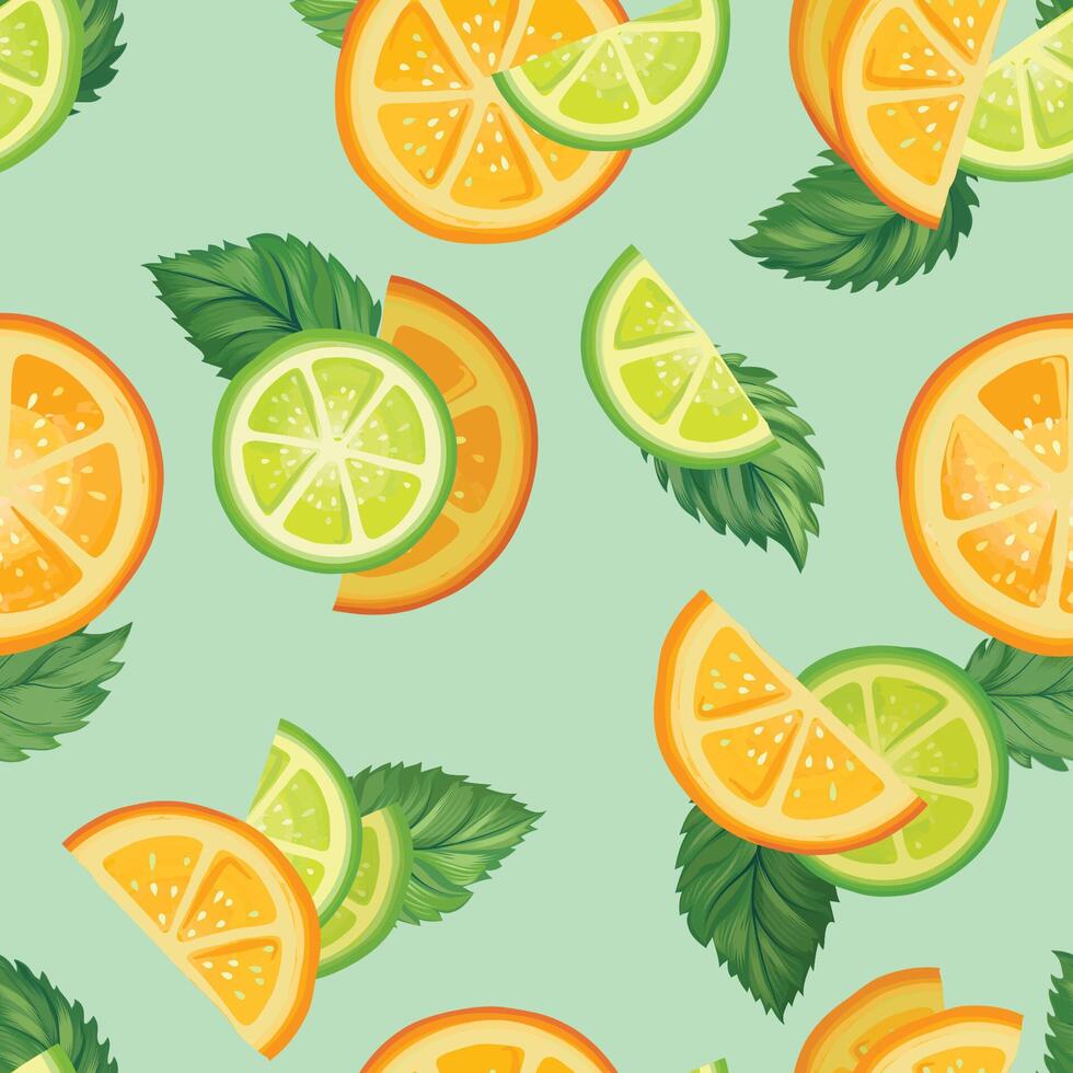 Fresh fruits summer seamless pattern. Fresh orange, lime, citron sliced pieces and mint leaves. colorful food drawing nature background with fruits. vector