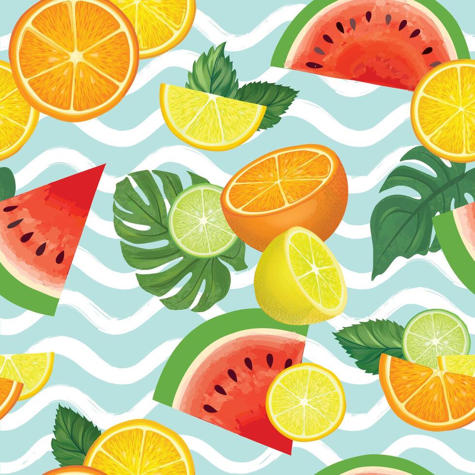 Fresh fruits summer seamless pattern. Fresh orange, lemon, citron, watermelon, lime sliced pieces ovwer water waves sea pattern. colorful food drawing background with fruits. vector