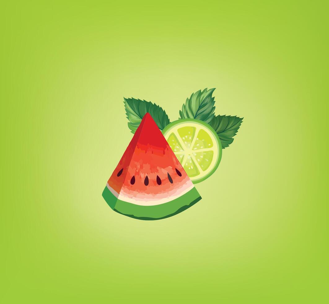 Fresh fruits with mint leaves. Fresh watermelon, lime, mint sliced pieces. colorful background with fruits juice drink. vector