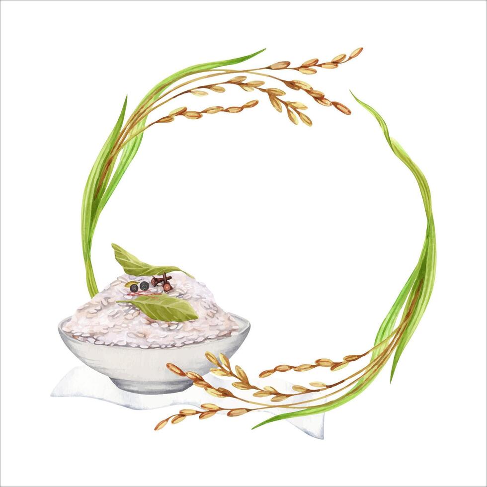 Wreath composition with rice plant and bowl of cooked rice. Copy space round design with crops, grains and green leaves for logos or cards. Hand drawn watercolor illustration isolated from background vector