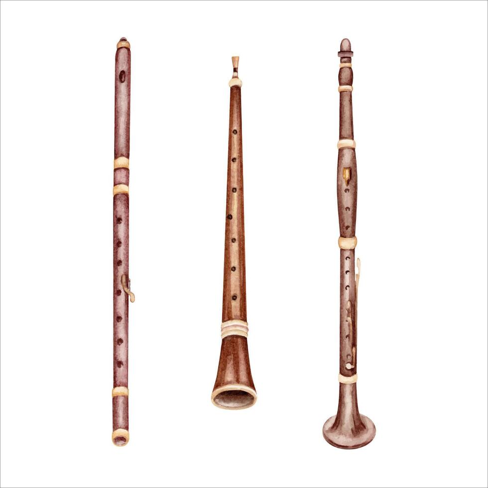 Flute, Oboe and Clarinet woodwind musical instruments set. Classical music collection. Hand drawn watercolor illustration isolated from the background. Symphony orchestra wind section. For card design vector