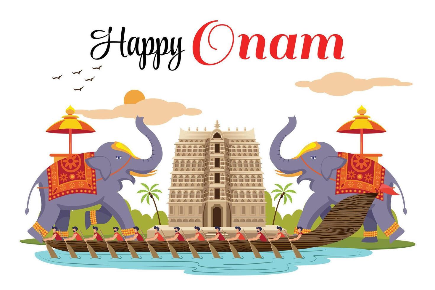 Onam Greeting Banner with Elephants, Temple, and Boat Race vector
