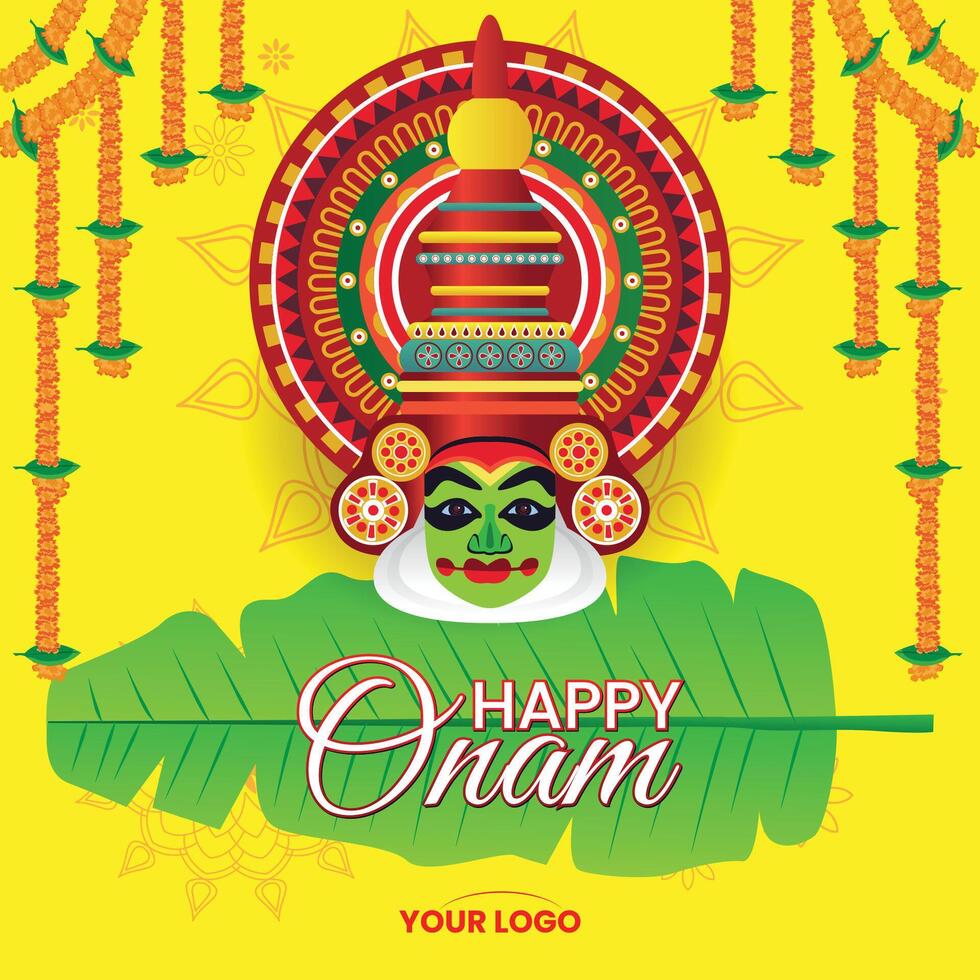 Vibrant Onam Greeting Banner with Kathakali Mask and Marigold Garlands vector