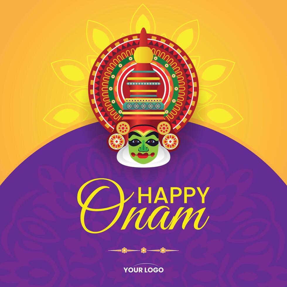 Onam Greeting Banner with Kathakali Mask on Purple and Orange Background Design vector