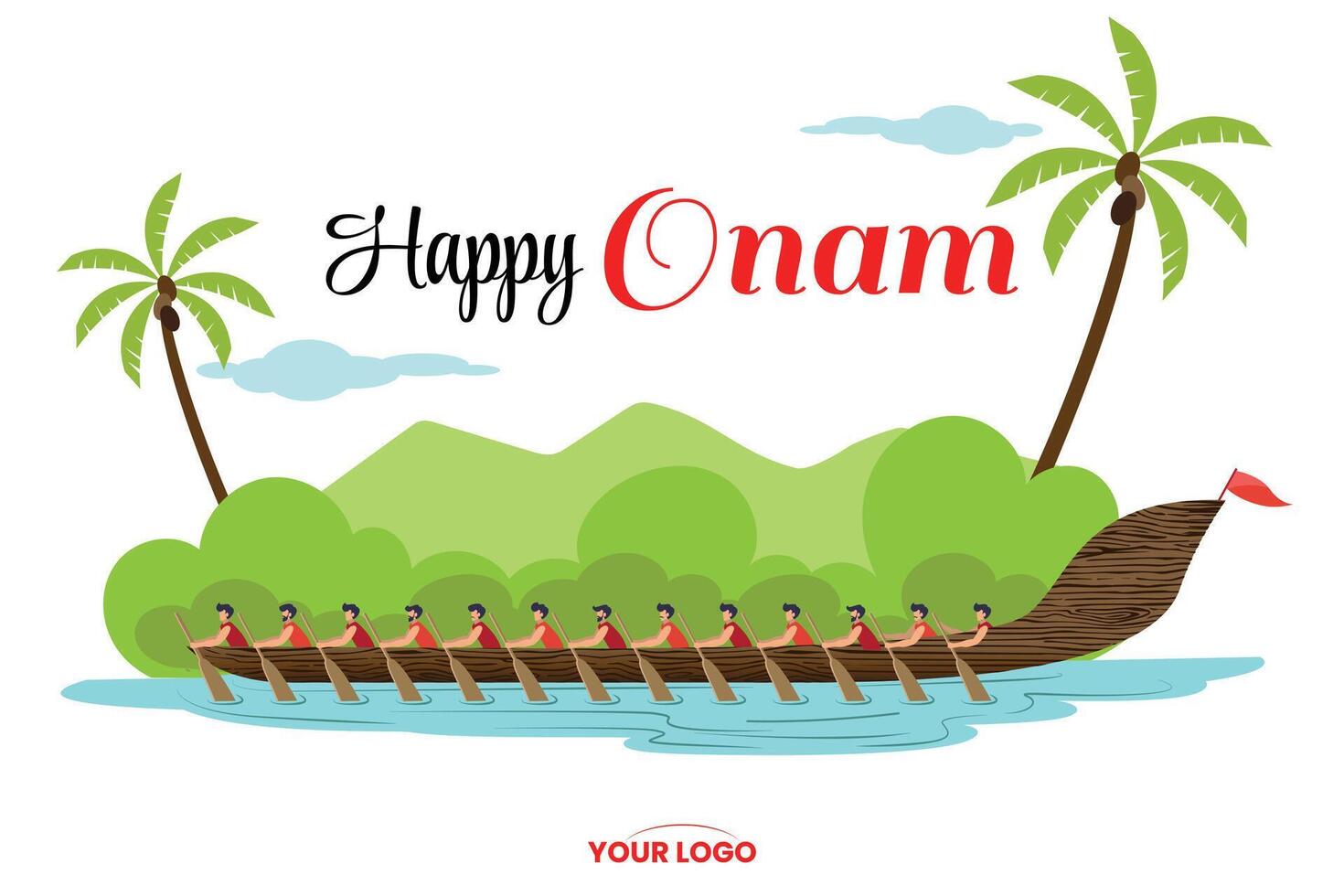 Onam Greeting Banner with Boat Race and coconut Trees on Bright White Background vector